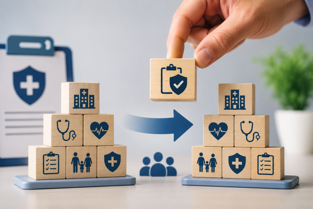 Portabilidade de carências em plano de saúde representada por blocos com ícones médicos sendo transferidos entre duas estruturas, simbolizando a mudança de operadora sem perda das carências já cumpridas.