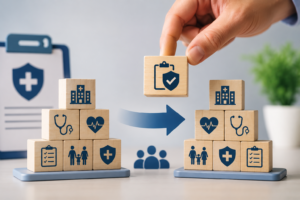Portabilidade de carências em plano de saúde representada por blocos com ícones médicos sendo transferidos entre duas estruturas, simbolizando a mudança de operadora sem perda das carências já cumpridas.