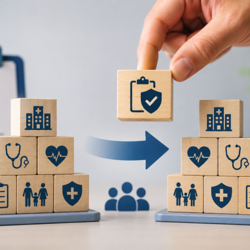 Portabilidade de carências em plano de saúde representada por blocos com ícones médicos sendo transferidos entre duas estruturas, simbolizando a mudança de operadora sem perda das carências já cumpridas.